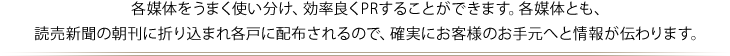 各媒体をうまく使い分け、効率良くPRすることができます。各媒体とも、読売新聞の朝刊に折り込まれ各戸に配布されるので、確実にお客様のお手元へと情報が伝わります。